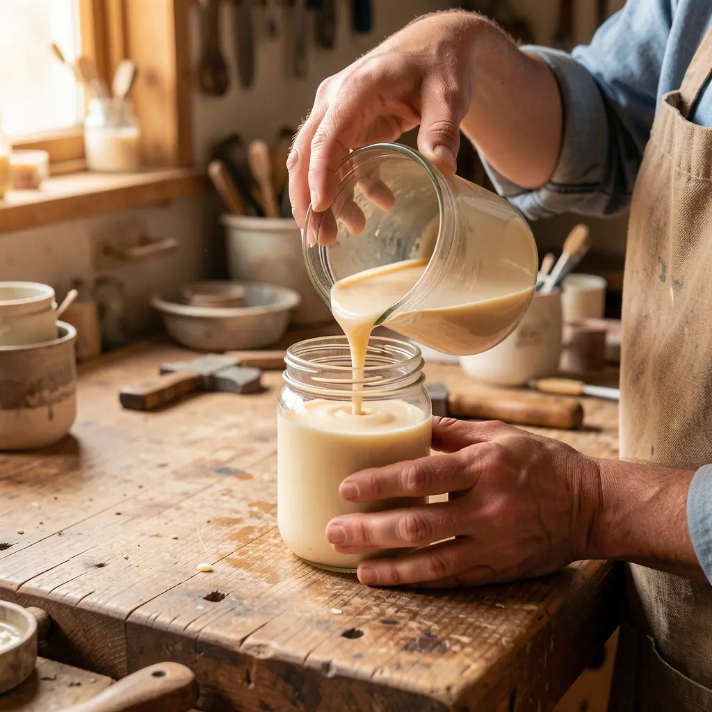 Hands pouring warm soy wax into amber glass jar